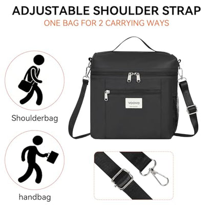 Voova Lunch Bag for Men and Women, Insulated Lunch Box with Shoulder Strap, Adult Reusable Lightweight Nylon Waterproof Lunchbox Lunch bags for Work, Black - color: Black