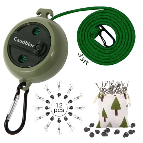 Portable Travel Clothesline Cord, Caudblor Adjustable 33ft Camping Clothes line, Laundry Drying Rope for Hotel Trip, Cruise, Outdoor/Indoor, with 12Pcs Stoppers, Windproof Clothespins - style: Deep Green