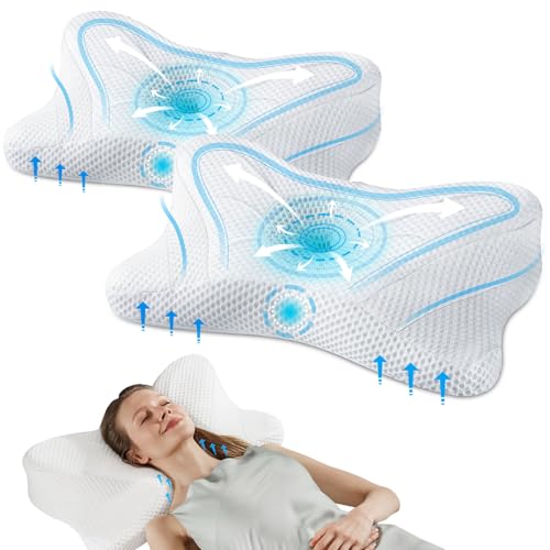 DUMOS Cervical Neck Pillow, Cooling Ergonomic Memory Foam Pillows for Neck Pain Relief with Breathable Pillowcase, Dual Height Orthopedic Support Contour Pillow for Side, Back, Stomach Sleepers, White - color: Off-white, size: King Size 2 Pack (25.98"L x