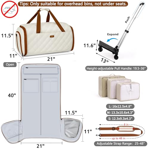 Rolling Garment Bags for Travel - Carry on Convertible Garment Duffle Bags with Wheels for Men Women, 4 in 1 Large Travel Duffel Bags with Shoes Compartment Hanging Suit Dress Weekender Bag 4pcs Set - color: Beige