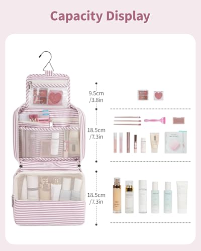 Narwey Small Hanging Travel Toiletry Bag for Women, Travel Bag for Toiletries, Makeup Bag Organizer Cosmetic Bags Make Up Bags for Girls - color: ZB-Dusty Pink Stripe