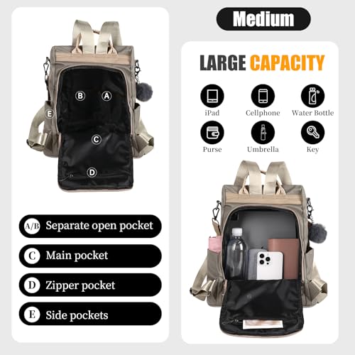 PINCNEL Women Backpack Purse Waterproof Nylon Anti-theft Rucksack Lightweight Shoulder Bag - color: Khaki, size: Large