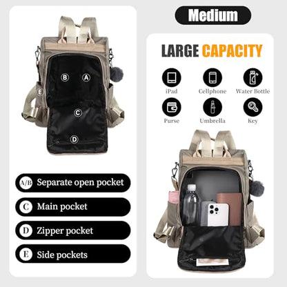 PINCNEL Women Backpack Purse Waterproof Nylon Anti-theft Rucksack Lightweight Shoulder Bag - color: Khaki, size: Large