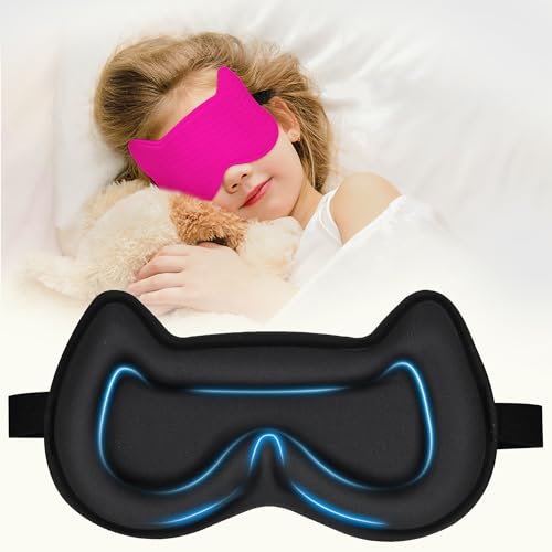 Kids Sleep Mask Eye Mask: 3D Contoured Cup Sleeping Masks, Blindfold with Adjustable Strap, Kids Eye Cover for Boys, Girls, Teens, Pressure-Free with Memory Foam Face Mask for Sleeping (Rose Red) - color: Rose Red
