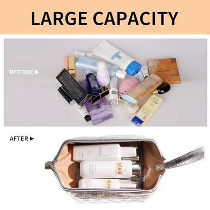 Abiudeng Large Capacity Makeup Bag Ladies Cosmetic Bag Travel Bag with Compartments Portable PU Leather Travel Makeup Bag with Handle - color: Checkerboard-Silver