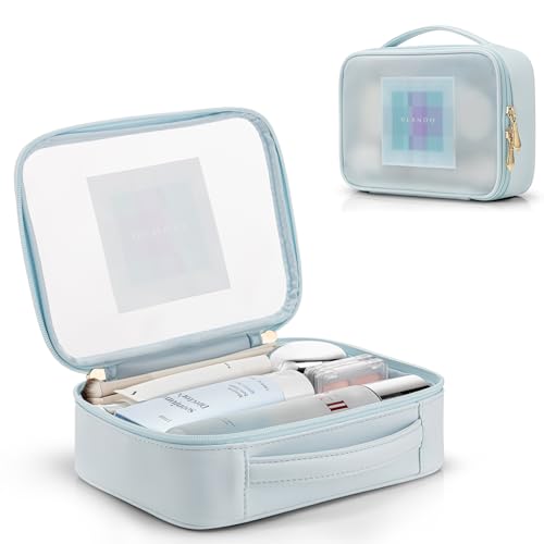 VLANDO Travel Makeup Bag,Cute Makep Bag for Teen Clear Toiletry Bag for Women Graduation Girls Birthday Gifts for Girls Make up Bag with Zipper and Handle Portable Makeup Case-Blue - color: Clear-blue