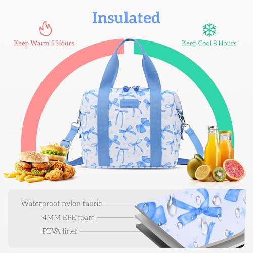 Lunch Box for Women Insulated Lunch Bag, Cute Lunch bags,Reusable Large Capacity Leakproof Lunchbox with Adjustable Shoulder Strap, Lunch tote for Work Office Picnic Travel (Blue bow) - color: Blue bow
