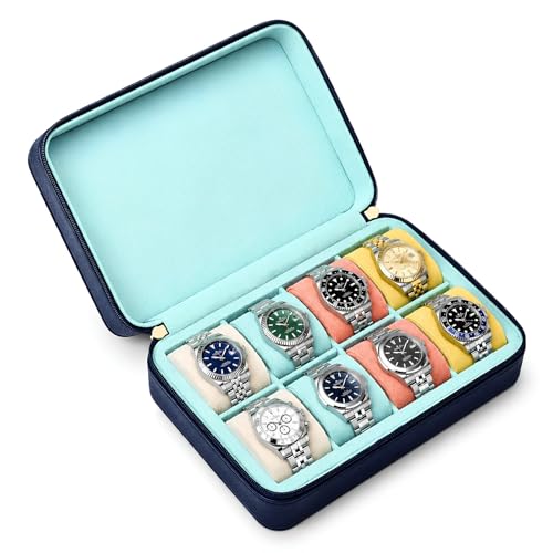 Leather Watch Roll for 8 Watches - Velvet-Lined Travel Case, Luxury Watch Rolls Organizer with Storage & Display for Men (8 Slot-Pool Party Blue) - color: 8 Slot-Pool Party Blue