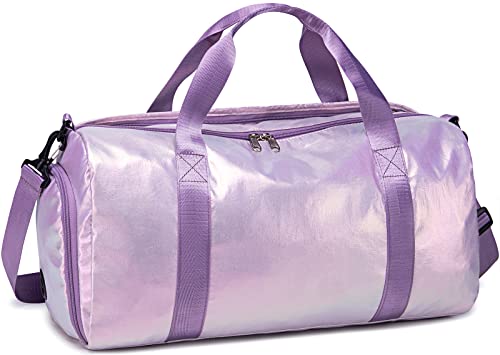 Gym Bag Sports Duffle Bag with Wet Pocket Weekender Overnight Bag with Waterproof Shoe Pouch and Air Hole for Women Girls Travel Foldable Bag (Metallic Purple) - color: Metallic Purple
