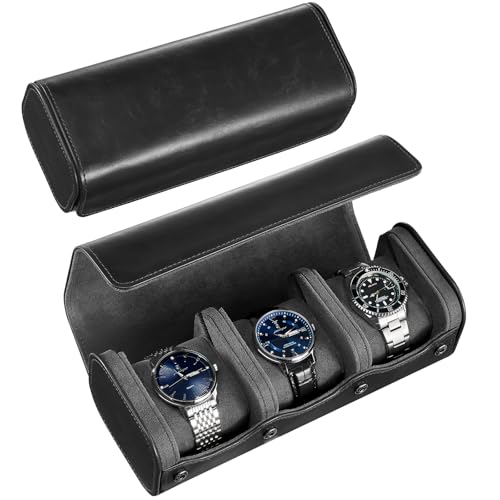ProCase Watch Travel Case, 3 Slots PU Leather Watch Roll Box for Men, Portable Watch Holder Organizer, Gifts for Father Dad -Black - color: Black, size: 3 Slot