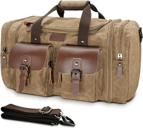 Wildroad Waxed Canvas Duffle Bag - 60L Waterproof Weekender Overnight Travel Bag - color: Vintage Brown, size: X Large-60L Duffle Bag