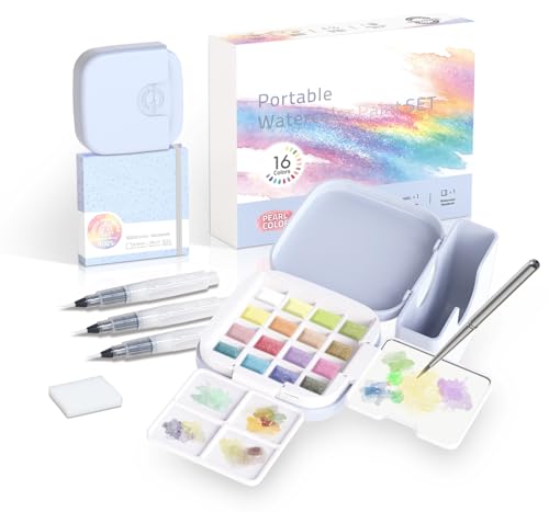 Mini Watercolor Paint Set - Compact Travel Art Kit with 16 Colors,Detail Paint Brush, Palette & Watercolor Sketchbook - Pocket Travel Watercolor Set, Painting Sets, Art Supplies - Pearl Colors Gift Set - color: Pearl Colors Gift Set