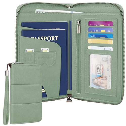 Family Passport Holder Wallet with Zipper, RFID Blocking Travel Document Organizer, PU Leather Passport Wallet for Women Men, Passport Cover Travel Wallet for Boarding Pass, ID, Money, Ticket - color: Light Green