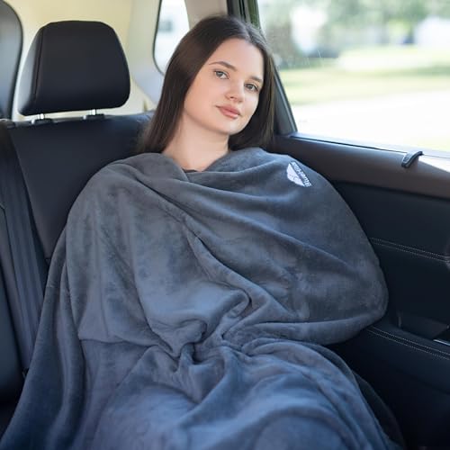 BlueHills Travel Blanket Pillow in Mini Soft Case Premium Plush Airplane Blanket Soft Bag Compact Pack with Luggage Belt and Backpack Clip Small Lightweight Traveling Plane Essentials - Grey Gray M01 - color: Gray-m01