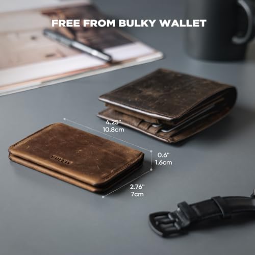 VULKIT Slim Minimalist Card Holder RFID Blocking Leather Credit Card Holder Front Pocket Wallet Magnetic Closure, Handcrafted Cowhide Version - color: Handicrafts Cowhide- Espresso