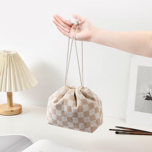 Cotton Quilted Drawstring Makeup Bag with Canvas Lining,Coquette Aesthetic Cute Travel Toiletry Bag,Drawstring Gift Bag for Women and Girls（19 Beige Checker） - color: 19 Beige Checker