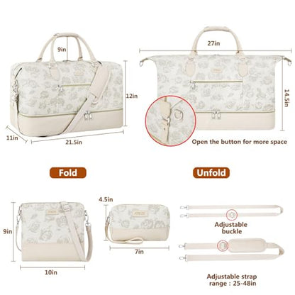 ITIEZY Weekender Overnight Bag for Women - Large Travel Duffel Bag with Shoe Compartment, Gym Duffel Bag Hospital Bag Carry On Tote Bags for Airplanes with Crossbody Bag Toiletry Bag 3Pcs Set - color: 4-Beige Flower
