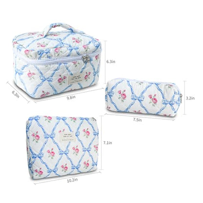 GISMTR 3Pcs Cotton Quilted Makeup Bag Large Travel Cosmetic Bag Coquette Makeup Pouch Cute Aesthetic Floral Toiletry Bag for Women Girls (flower-Q) - color: flower-Q