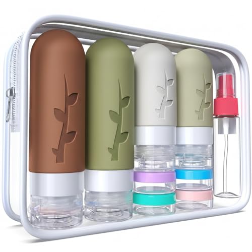 DEPOZA Travel Bottles Kit (16 Pack) - TSA Approved, Leak Proof Silicone Squeezable Containers for Toiletries. Complete Set with Jars, Sprayers & Bag (Earthy brown) - color: Earthy brown