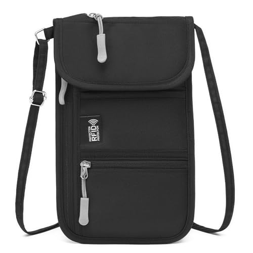 RFID Blocking Passport Holder for Travel Neck Wallet with Adjustable Lanyard 6 Compartments Pouches Passport Wallet for Family (Black) - color: RFID Blocking, Black