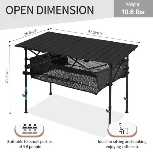 SHANQUAN Camping Table Roll up Table, Fold up Lightweight Compact 4-6 Person Portable Adjustable Height Roll up Aluminum Table with Carry Bag for Outdoor, Camping, Picnic, Backyards, BBQ - size: 47.2*25.6 inch/Adjustable