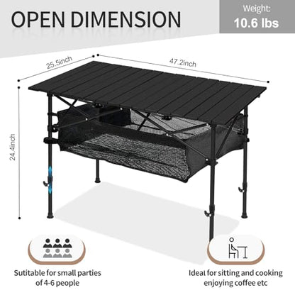 SHANQUAN Camping Table Roll up Table, Fold up Lightweight Compact 4-6 Person Portable Adjustable Height Roll up Aluminum Table with Carry Bag for Outdoor, Camping, Picnic, Backyards, BBQ - size: 47.2*25.6 inch/Adjustable
