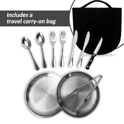 Outdoor Camping Silverware Set Flatware Organizer Cutlery Picnic Set Stainless Steel Includes Forks, Spoons, Knives, Chopsticks, Food Holders, Plates - Portable Flatware Bags