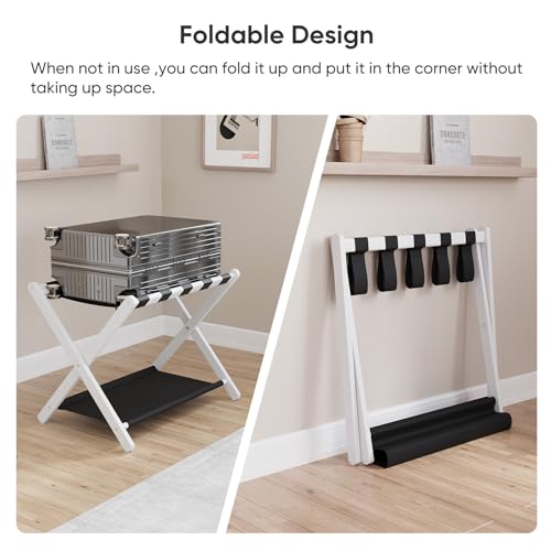 Smuxee White Bamboo Luggage Rack for Guest Room, Foldable Suitcase Stand with Storage Shelf, Easily Assembled Luggage Stand with 5 Nylon Straps for Guest Room Bedroom Hotel - color: White 1PCS