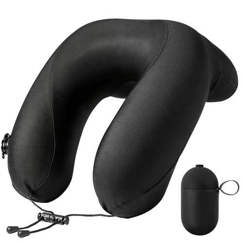Inflatable Travel Neck Pillow for Airplane with Adjustable 360° Head & Neck Support, 2-in-1 Air Pump and Storage Bag, Soft Removable Washable Cover for Airplane, Train, Office (1, Black) - color: Black