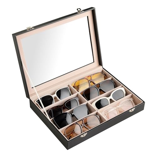 Frebeauty Sunglass Organizer,PU Leather Glasses Organizer,8-Slot Sunglasses Tray with Clear Lid,Men's/Women's Sunglasses Box,Sunglass Case,13.3x9.6x2.4 Inches,Eyeglass/Eyewear Display Tray(Black) - color: Black, size: With Lid