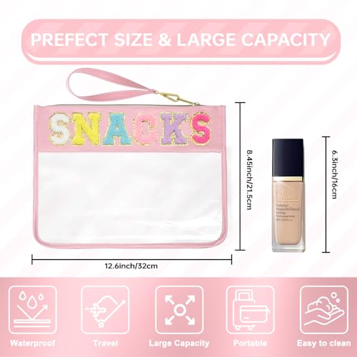 Siwara Snack Bags Clear Pouch Travel Makeup Bag Chenille Letter Bags for Zipper Pouch Clear Cosmetic Bag Clearly Tote Bag Makeup Travel Bags for Women - color: Pink--Snack