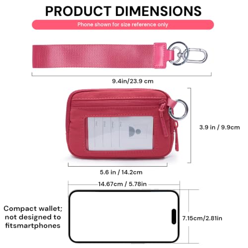 Small Nylon Wristlet Wallet for Women Minimalist Zip Keychain Coin Purse Card Case with Clear ID Window Water-Resistant Pouch - color: Raspberry