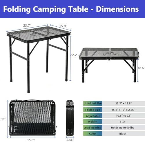 Gawerk Folding Portable Camping Grill Table, Lightweight Adjustable Height Metal Aluminum Picnic Table with Heat-Resistant Mesh Top for Outdoor, Barbeque, Camping & Travel, 24" x 16", Black
