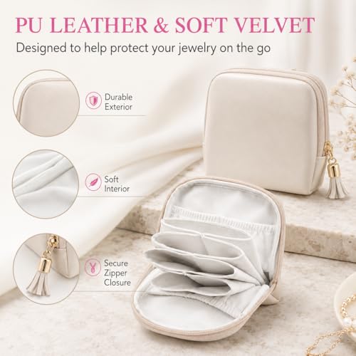 2 Pcs Travel Jewelry Case for Women - Small Jewelry Organizer Box with Velvet Lining, Portable PU Leather Jewelry Storage Case for Necklaces Earrings Rings Bracelets, Cream White