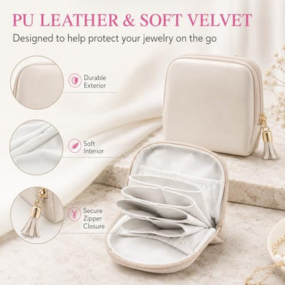 2 Pcs Travel Jewelry Case for Women - Small Jewelry Organizer Box with Velvet Lining, Portable PU Leather Jewelry Storage Case for Necklaces Earrings Rings Bracelets, Cream White