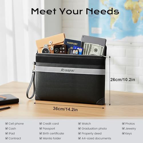 Rynapac Fireproof Document Bag Upgraded 4200°F, 14.2”x 10.2”Waterproof Fireproof Money Bag for Cash with zipper, Important Document Organizer for Home, Office, and Travel, Legal Documents Safe - size: 14.2'' x 10.2''