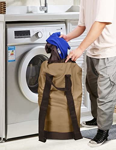 Dalykate Backpack Laundry Bag, Laundry Backpack with Shoulder Straps and Mesh Pocket Durable Nylon Clothes Hamper Bag with Drawstring Closure for College, Travel, Laundromat, Apartment - color: Golden Brown