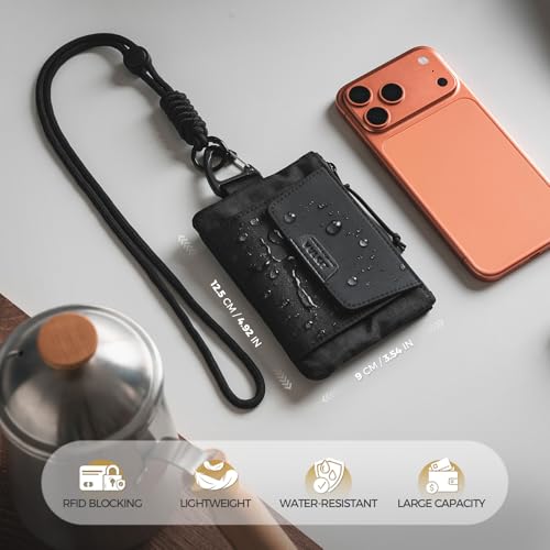 VULKIT RFID Blocking Lanyard Wallet for Men and Women, Nylon Neck Wallet with ID Window, Zipper Pouch and Keychain, Magnetic Pocket for Hiking, Fishing and Outdoor Activities, Carbon Black - color: Carbon Black