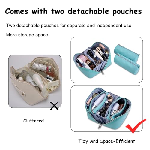 BOYATU Checkered Travel Makeup Bags: Vacation-Ready Light Blue Large Capacity Cosmetic Bag for Women - 3 Pcs Set Toiletry Organizer with Waterproof Leather - Easy to Clean Beach Trip Essential - color: 01-C-Blue