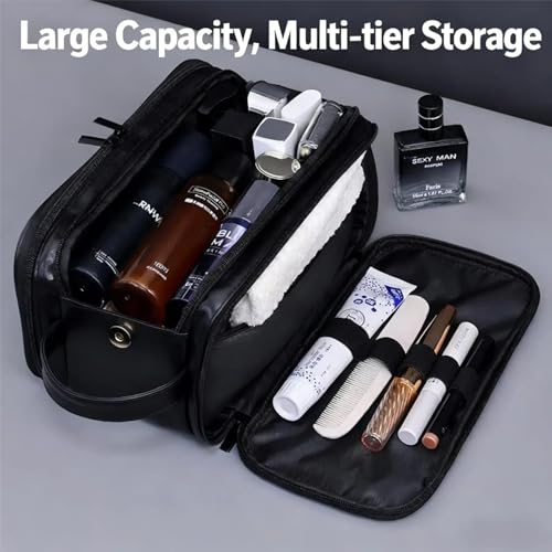 2 Pack Men's Toiletry Bag Pu,Travel Toiletry Organizer, Waterproof Shaving Kit Pouch For storing daily essentials like toiletries and cosmetics,Black (Leather Black) - color: Leather Black