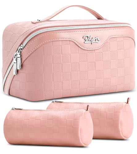 BOYATU Travel Makeup Bags for Women: Sweet Pink Checkered Large Capacity Cosmetic Bag - You Deserve a Little Sweetness Every Day - 3 Pcs Toiletry Organizer Holds 10-20 Full-Size 50-100ML Bottles - color: 01-D-Pink