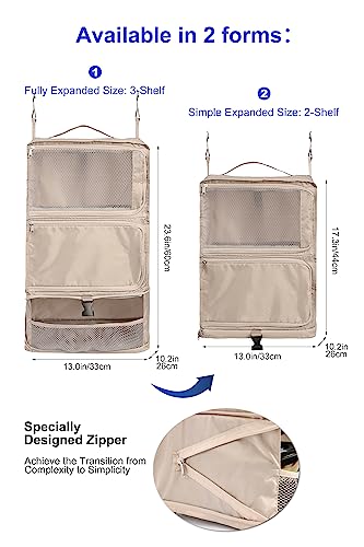 ELEZAY Hanging Packing Cubes Portable Closet 3-Shelf Travel Collapsible Compression Garment Organizer for Carry-on Luggage Suitcase Space Saver Bag X-Large_No Side Pockets, Beige - color: Beige, size: X-Large_12*10*24 IN