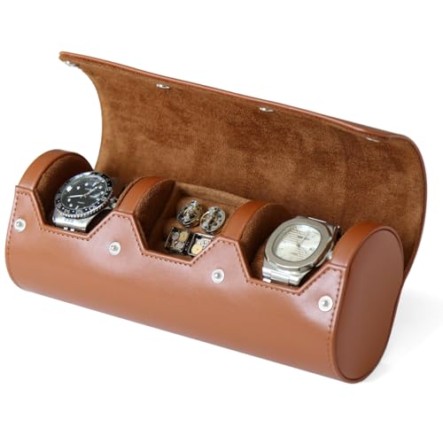Watch and Cufflink Box Organizer Case for Men, Cufflink Watch Case Travel Roll, Portable 2 Slot Watch and Cufflink Display Storage with Velvet to Holder Large Watch, Cufflink Ring Travel Case - color: Light Brown 2 Slot Watch and 1 Slot Cufflink box