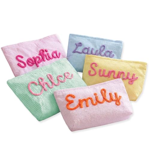 Personalized Makeup Bag with Name, Seersucker Cosmetic Pouch Women Girl, Bridesmaid Travel Bag, Organizer Storage Pouch, Gifts to Mom Wife Girlfriend, 9.84x6.69''