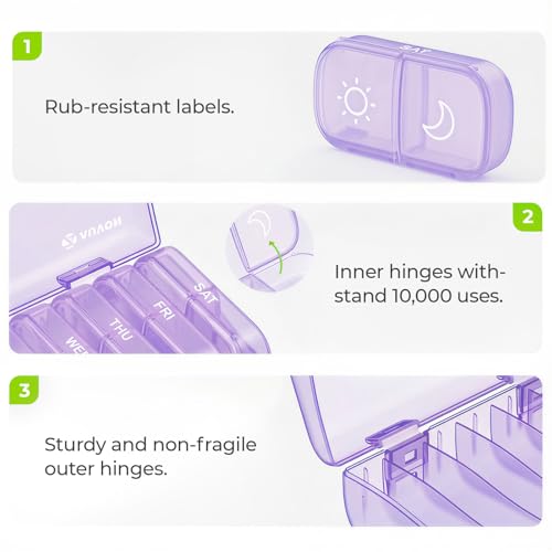 AUVON XL Weekly Pill Organizer 2 Times a Day, Pill Box 7 Day with One-Side Large Openings for Easy to Use, Black Privacy Protection AM PM Pill Case for Medication, Vitamins, Fish Oils, Supplements - color: Light Purple