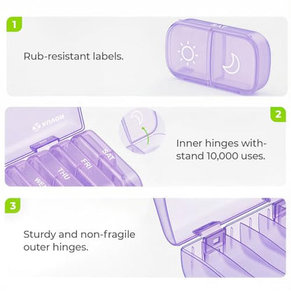AUVON XL Weekly Pill Organizer 2 Times a Day, Pill Box 7 Day with One-Side Large Openings for Easy to Use, Black Privacy Protection AM PM Pill Case for Medication, Vitamins, Fish Oils, Supplements - color: Light Purple