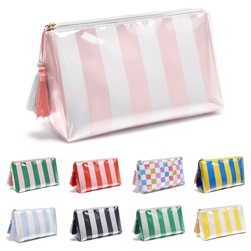 PVC Makeup Bag Travel, Small Cosmetic Bags for Women Girls, Waterproof Clear Makeup Bag for Purse Organizer Zipper Pouch Beach Summer Vacation Essentials Gifts for Women - color: Pink+White Striped, size: Small(9.84in*4.33in*5.91in)