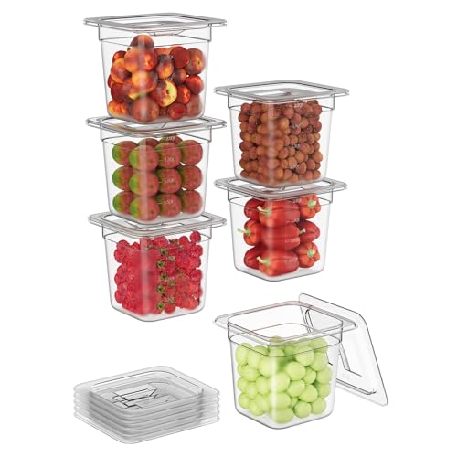 1/6 6'' 6 Pack Plastic Food Pans With Lids, Clear Food Pan, Commercial Stackable Polycarbonate Freezer-Safe for Fruits Vegetables Restaurant Kitchen - color: 1/6 6"6 Pack