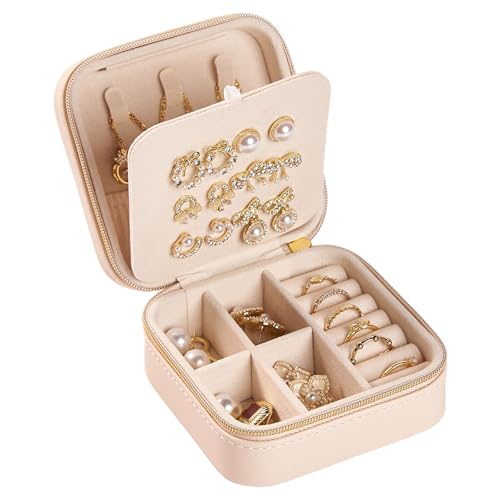 Travel Jewelry Box, PU Leather Small Jewelry Organizer for Women Girls, Portable Mini Travel Case Display Storage Holder Boxes for Stud Earrings, Rings, Necklaces (Apricot color) - color: Apricot color