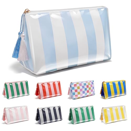 PVC Waterproof Makeup Bag, Large Clear Coated Cosmetic Bags for Women Girls, Travel Makeup Bag for Purse Organizer Zipper Pouch Beach Summer Vacation Essentials Gifts for Women - color: Sky blue+White Striped, size: Small(9.84in*4.33in*5.91in)